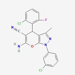 molecular formula C20H13Cl2FN4O B12461015 6-amino-4-(2-chloro-6-fluorophenyl)-1-(3-chlorophenyl)-3-methyl-4H-pyrano[2,3-c]pyrazole-5-carbonitrile 