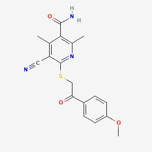 molecular formula C18H17N3O3S B12461256 5-Cyano-6-{[2-(4-methoxyphenyl)-2-oxoethyl]sulfanyl}-2,4-dimethylpyridine-3-carboxamide 
