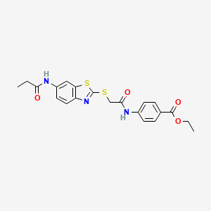 molecular formula C21H21N3O4S2 B12461433 Ethyl 4-[({[6-(propanoylamino)-1,3-benzothiazol-2-yl]sulfanyl}acetyl)amino]benzoate 