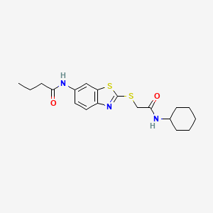molecular formula C19H25N3O2S2 B12462151 N-(2-{[2-(cyclohexylamino)-2-oxoethyl]sulfanyl}-1,3-benzothiazol-6-yl)butanamide 