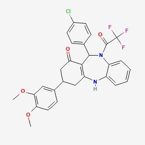 molecular formula C29H24ClF3N2O4 B12462837 6-(4-chlorophenyl)-9-(3,4-dimethoxyphenyl)-5-(2,2,2-trifluoroacetyl)-8,9,10,11-tetrahydro-6H-benzo[b][1,4]benzodiazepin-7-one 