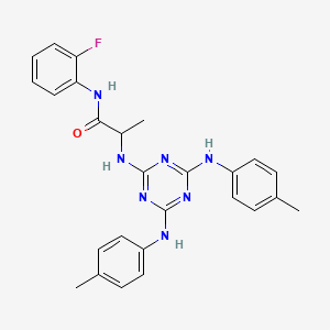 molecular formula C26H26FN7O B12463000 N~2~-{4,6-bis[(4-methylphenyl)amino]-1,3,5-triazin-2-yl}-N-(2-fluorophenyl)alaninamide 
