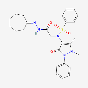 molecular formula C26H31N5O4S B12463100 N-[2-(2-cycloheptylidenehydrazinyl)-2-oxoethyl]-N-(1,5-dimethyl-3-oxo-2-phenyl-2,3-dihydro-1H-pyrazol-4-yl)benzenesulfonamide (non-preferred name) 