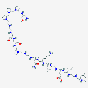 molecular formula C76H164N22O6 B12463236 5-[2-[[1-[[6-Amino-1-[[4-amino-1-[2-[2-[2-[[[1-[[1-[2-[2-[2-[[2-[[2-[[(1-amino-3-hydroxypropan-2-yl)amino]methyl]pyrrolidin-1-yl]methyl]pyrrolidin-1-yl]methyl]pyrrolidin-1-yl]ethylamino]ethylamino]-3-hydroxypropan-2-yl]amino]-3-hydroxypropan-2-yl]amino]methyl]pyrrolidin-1-yl]ethylamino]ethylamino]-4-oxobutan-2-yl]amino]hexan-2-yl]amino]-4-methylpentan-2-yl]amino]ethylamino]-4-[[2-[2-[[2-(ethylamino)-4-methylpentyl]amino]ethylamino]-3-methylpentyl]amino]pentanoic acid 