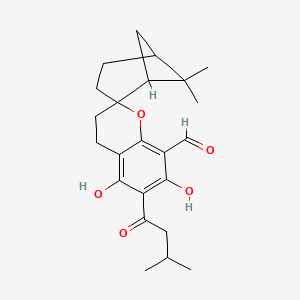 molecular formula C23H30O5 B1246348 5,7-Dihydroxy-6',6'-dimethyl-6-(3-methylbutanoyl)spiro[3,4-dihydrochromene-2,2'-bicyclo[3.1.1]heptane]-8-carbaldehyde 