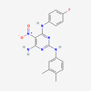 molecular formula C18H17FN6O2 B12463741 N~2~-(3,4-dimethylphenyl)-N~4~-(4-fluorophenyl)-5-nitropyrimidine-2,4,6-triamine 