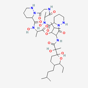N-(7,21-dihydroxy-6,20-dimethyl-2,5,8,15,19,22-hexaoxo-17-propan-2-yl-18-oxa-1,4,7,13,14,21,27-heptazatricyclo[21.4.0.09,14]heptacosan-16-yl)-2-[6-ethyl-2-hydroxy-5-(3-methylbutyl)oxan-2-yl]-2-hydroxypropanamide