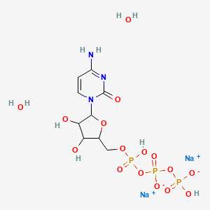 molecular formula C9H18N3Na2O16P3 B12464747 Disodium dihydrate hydrogen {[5-(4-amino-2-oxopyrimidin-1-yl)-3,4-dihydroxyoxolan-2-yl]methoxy(hydroxy)phosphoryl phosphonato}oxyphosphonate 