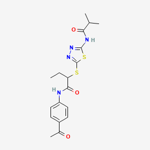 molecular formula C18H22N4O3S2 B12465087 N-(4-acetylphenyl)-2-({5-[(2-methylpropanoyl)amino]-1,3,4-thiadiazol-2-yl}sulfanyl)butanamide 