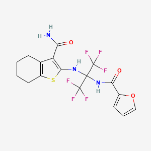 molecular formula C17H15F6N3O3S B12465843 N-{2-[(3-carbamoyl-4,5,6,7-tetrahydro-1-benzothiophen-2-yl)amino]-1,1,1,3,3,3-hexafluoropropan-2-yl}furan-2-carboxamide 