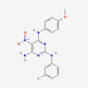 molecular formula C17H15FN6O3 B12465970 N~2~-(3-fluorophenyl)-N~4~-(4-methoxyphenyl)-5-nitropyrimidine-2,4,6-triamine 