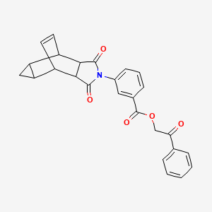 molecular formula C26H21NO5 B12466568 2-oxo-2-phenylethyl 3-(1,3-dioxooctahydro-4,6-ethenocyclopropa[f]isoindol-2(1H)-yl)benzoate 