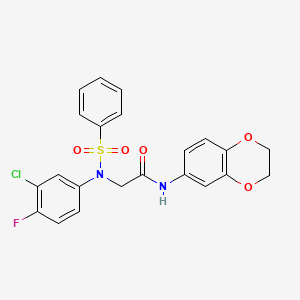 molecular formula C22H18ClFN2O5S B12466783 N~2~-(3-chloro-4-fluorophenyl)-N-(2,3-dihydro-1,4-benzodioxin-6-yl)-N~2~-(phenylsulfonyl)glycinamide 