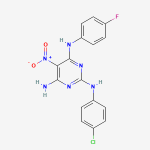 molecular formula C16H12ClFN6O2 B12467135 N~2~-(4-chlorophenyl)-N~4~-(4-fluorophenyl)-5-nitropyrimidine-2,4,6-triamine 