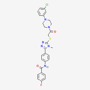 molecular formula C28H26ClFN6O2S B12467287 N-{4-[5-({2-[4-(3-chlorophenyl)piperazin-1-yl]-2-oxoethyl}sulfanyl)-4-methyl-4H-1,2,4-triazol-3-yl]phenyl}-4-fluorobenzamide 