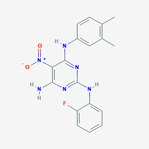 molecular formula C18H17FN6O2 B12472188 N~4~-(3,4-dimethylphenyl)-N~2~-(2-fluorophenyl)-5-nitropyrimidine-2,4,6-triamine 