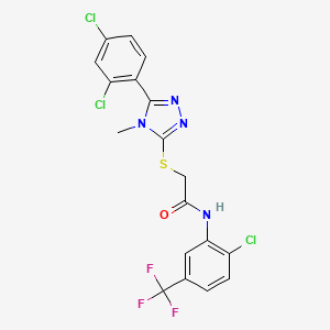 molecular formula C18H12Cl3F3N4OS B12472268 N-[2-chloro-5-(trifluoromethyl)phenyl]-2-{[5-(2,4-dichlorophenyl)-4-methyl-4H-1,2,4-triazol-3-yl]sulfanyl}acetamide 