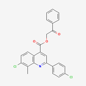 molecular formula C25H17Cl2NO3 B12472419 2-Oxo-2-phenylethyl 7-chloro-2-(4-chlorophenyl)-8-methylquinoline-4-carboxylate 
