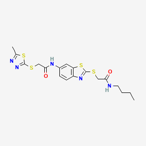 molecular formula C18H21N5O2S4 B12472797 N-(2-{[2-(butylamino)-2-oxoethyl]sulfanyl}-1,3-benzothiazol-6-yl)-2-[(5-methyl-1,3,4-thiadiazol-2-yl)sulfanyl]acetamide 