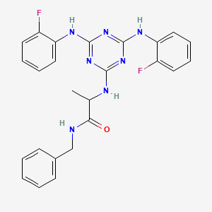 molecular formula C25H23F2N7O B12473985 N-benzyl-N~2~-{4,6-bis[(2-fluorophenyl)amino]-1,3,5-triazin-2-yl}alaninamide 