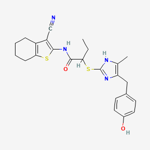 molecular formula C24H26N4O2S2 B12477280 N-(3-cyano-4,5,6,7-tetrahydro-1-benzothiophen-2-yl)-2-{[5-(4-hydroxybenzyl)-4-methyl-1H-imidazol-2-yl]sulfanyl}butanamide 