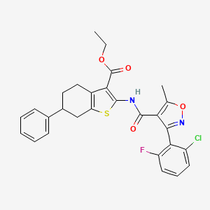 molecular formula C28H24ClFN2O4S B12477780 Ethyl 2-({[3-(2-chloro-6-fluorophenyl)-5-methyl-1,2-oxazol-4-yl]carbonyl}amino)-6-phenyl-4,5,6,7-tetrahydro-1-benzothiophene-3-carboxylate 