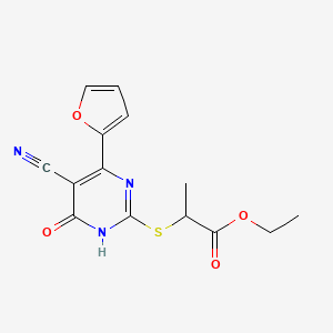 molecular formula C14H13N3O4S B12482419 Ethyl 2-{[5-cyano-4-(furan-2-yl)-6-oxo-1,6-dihydropyrimidin-2-yl]sulfanyl}propanoate 