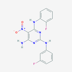 molecular formula C16H12F2N6O2 B12484160 N~4~-(2-fluorophenyl)-N~2~-(3-fluorophenyl)-5-nitropyrimidine-2,4,6-triamine 