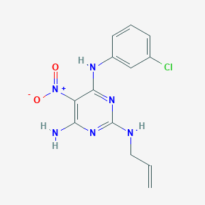 molecular formula C13H13ClN6O2 B12484477 4-N-(3-chlorophenyl)-5-nitro-2-N-prop-2-enylpyrimidine-2,4,6-triamine CAS No. 674818-73-6
