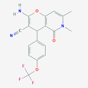 molecular formula C18H14F3N3O3 B12484537 2-amino-6,7-dimethyl-5-oxo-4-[4-(trifluoromethoxy)phenyl]-5,6-dihydro-4H-pyrano[3,2-c]pyridine-3-carbonitrile 