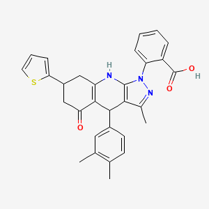 molecular formula C30H27N3O3S B12486297 2-[4-(3,4-dimethylphenyl)-3-methyl-5-oxo-7-(thiophen-2-yl)-4,5,6,7,8,9-hexahydro-1H-pyrazolo[3,4-b]quinolin-1-yl]benzoic acid 