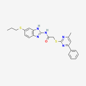 molecular formula C23H23N5OS2 B12487102 2-[(4-methyl-6-phenylpyrimidin-2-yl)sulfanyl]-N-[5-(propylsulfanyl)-1H-benzimidazol-2-yl]acetamide 