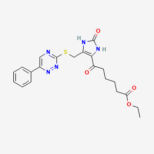 molecular formula C21H23N5O4S B12487494 ethyl 6-oxo-6-(2-oxo-5-{[(6-phenyl-1,2,4-triazin-3-yl)sulfanyl]methyl}-2,3-dihydro-1H-imidazol-4-yl)hexanoate 