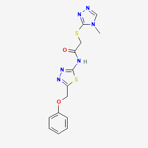 molecular formula C14H14N6O2S2 B12489790 2-[(4-methyl-4H-1,2,4-triazol-3-yl)sulfanyl]-N-[5-(phenoxymethyl)-1,3,4-thiadiazol-2-yl]acetamide 