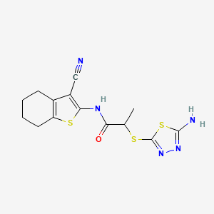 molecular formula C14H15N5OS3 B12490673 2-[(5-amino-1,3,4-thiadiazol-2-yl)sulfanyl]-N-(3-cyano-4,5,6,7-tetrahydro-1-benzothiophen-2-yl)propanamide 