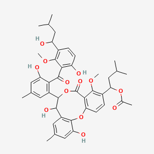 molecular formula C44H50O13 B1249195 1-(8,12-dihydroxy-7-{3-hydroxy-2-[6-hydroxy-3-(1-hydroxy-3-methylbutyl)-2-methoxybenzoyl]-5-methylphenyl}-4-methoxy-10-methyl-5-oxo-7,8-dihydro-5H-dibenzo[b,h][1,5]dioxonin-3-yl)-3-methylbutyl acetate 