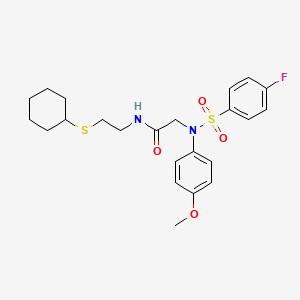 molecular formula C23H29FN2O4S2 B12494397 N-[2-(cyclohexylsulfanyl)ethyl]-N~2~-[(4-fluorophenyl)sulfonyl]-N~2~-(4-methoxyphenyl)glycinamide 