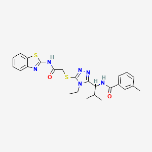 molecular formula C25H28N6O2S2 B12499353 N-[1-(5-{[2-(1,3-benzothiazol-2-ylamino)-2-oxoethyl]sulfanyl}-4-ethyl-4H-1,2,4-triazol-3-yl)-2-methylpropyl]-3-methylbenzamide 
