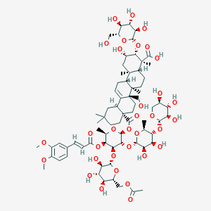 molecular formula C72H106O33 B1249997 2beta,27-Dihydroxy-3beta-(beta-D-glucopyranosyloxy)oleana-12-ene-23,28-dioic acid 28-[2-O-(4-O-beta-D-xylopyranosyl-alpha-L-rhamnopyranosyl)-3-O-(6-O-acetyl-beta-D-glucopyranosyl)-4-O-[3-(3,4-dimethoxyphenyl)-1-oxo-2-propenyl]-6-deoxy-beta-D-galactopyranosyl] ester 
