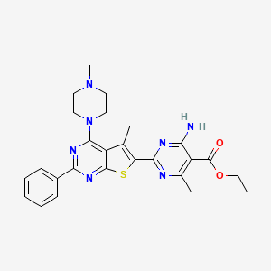 molecular formula C26H29N7O2S B12503636 Ethyl 4-amino-6-methyl-2-[5-methyl-4-(4-methylpiperazin-1-yl)-2-phenylthieno[2,3-d]pyrimidin-6-yl]pyrimidine-5-carboxylate 