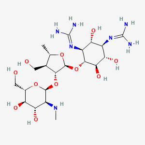 molecular formula C21H41N7O11 B1250579 1-[(1S,2R,3R,4S,5R,6S)-5-(diaminomethylideneamino)-2-[(2S,3R,4S,5S)-3-[(2S,3S,4S,5R,6S)-4,5-dihydroxy-6-(hydroxymethyl)-3-(methylamino)oxan-2-yl]oxy-4-(hydroxymethyl)-5-methyloxolan-2-yl]oxy-3,4,6-trihydroxycyclohexyl]guanidine CAS No. 26086-49-7