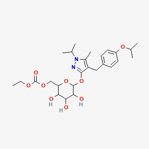 molecular formula C26H38N2O9 B12508272 ethyl ((3,4,5-trihydroxy-6-((4-(4-isopropoxybenzyl)-1-isopropyl-5-methyl-1H-pyrazol-3-yl)oxy)tetrahydro-2H-pyran-2-yl)methyl) carbonate 