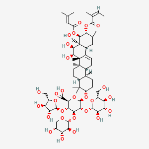 molecular formula C62H96O27 B1251243 (2S,3S,4S,5R,6R)-6-[[(3S,4aR,6aR,6bS,7R,8S,8aR,9R,10R,12aS,14aR,14bR)-7,8-dihydroxy-8a-(hydroxymethyl)-4,4,6a,6b,11,11,14b-heptamethyl-10-[(Z)-2-methylbut-2-enoyl]oxy-9-(3-methylbut-2-enoyloxy)-1,2,3,4a,5,6,7,8,9,10,12,12a,14,14a-tetradecahydropicen-3-yl]oxy]-3-[(2S,3R,4R,5S)-3,4-dihydroxy-5-(hydroxymethyl)oxolan-2-yl]oxy-5-[(2S,3R,4S,5S,6R)-3,4,5-trihydroxy-6-(hydroxymethyl)oxan-2-yl]oxy-4-[(2R,3S,4R,5R)-3,4,5-trihydroxyoxan-2-yl]oxyoxane-2-carboxylic acid 