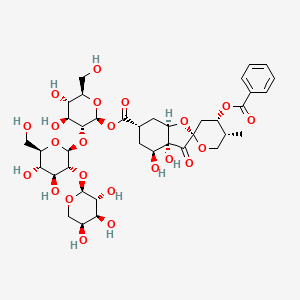 molecular formula C38H52O23 B1251337 [(2S,3R,4S,5S,6R)-3-[(2S,3R,4S,5S,6R)-4,5-dihydroxy-6-(hydroxymethyl)-3-[(2S,3R,4S,5S)-3,4,5-trihydroxyoxan-2-yl]oxyoxan-2-yl]oxy-4,5-dihydroxy-6-(hydroxymethyl)oxan-2-yl] (2S,3aR,4S,4'S,5'R,6S,7aR)-4'-benzoyloxy-3a,4-dihydroxy-5'-methyl-3-oxospiro[5,6,7,7a-tetrahydro-4H-1-benzofuran-2,2'-oxane]-6-carboxylate 