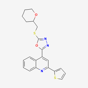 molecular formula C21H19N3O2S2 B12521202 2-(((Tetrahydro-2H-pyran-2-yl)methyl)thio)-5-(2-(thiophen-2-yl)quinolin-4-yl)-1,3,4-oxadiazole 