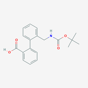 molecular formula C19H21NO4 B125220 2'-(((tert-Butoxycarbonyl)amino)methyl)-[1,1'-biphenyl]-2-carboxylic acid CAS No. 158066-11-6