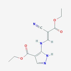 molecular formula C12H14N4O4 B125266 Ethyl-3-(2-carbethoxy-2-cyanoethenyl)amino-1H-pyrazole-4-carboxylate, (E)- CAS No. 52632-17-4