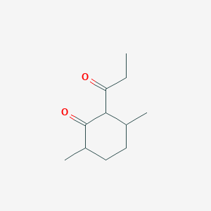 molecular formula C11H18O2 B12530500 Cyclohexanone, 3,6-dimethyl-2-(1-oxopropyl)- CAS No. 834900-66-2