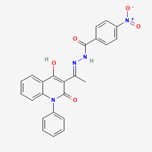 molecular formula C24H18N4O5 B12533534 N-[(E)-1-(4-hydroxy-2-oxo-1-phenylquinolin-3-yl)ethylideneamino]-4-nitrobenzamide 