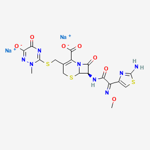 molecular formula C18H16N8Na2O7S3 B1253367 二钠;(7R)-7-[[(2E)-2-(2-氨基-1,3-噻唑-4-基)-2-甲氧基亚氨基乙酰]氨基]-3-[(2-甲基-6-氧化-5-氧代-1,2,4-三嗪-3-基)硫烷基甲基]-8-氧代-5-噻-1-氮杂双环[4.2.0]辛-2-烯-2-羧酸盐 